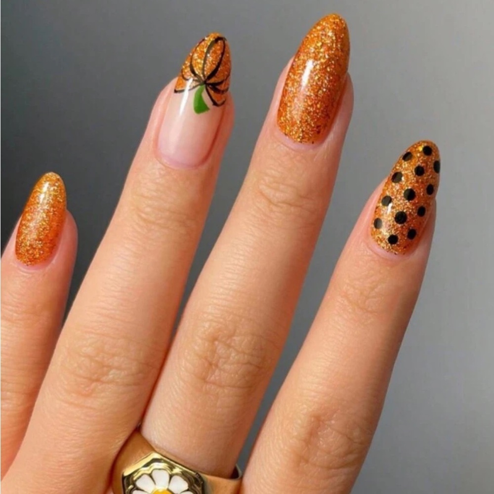 24pcs Medium Almond Shape Press On Nails Set Orange Glitter Pumpkin Halloween